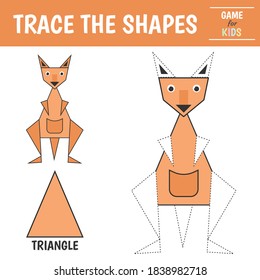 Learn shapes and geometric figures - triangle. Preschool worksheet for practicing motor skills. kangaroo of geometric shapes. Tracing dashed lines. Vector illustration