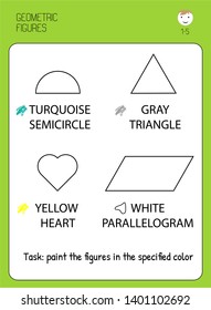 Learn shapes and geometric shapes a semi-circle, triangle, heart, parallelogram. Preschool or kindergarten sheet. geometric shapes flash card with task of preschool children