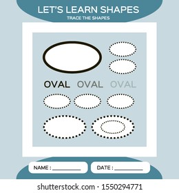Learn Shapes. Oval. Handwriting practice. Trace and write. Educational children game. Kids activity printable sheet. Blue Background.