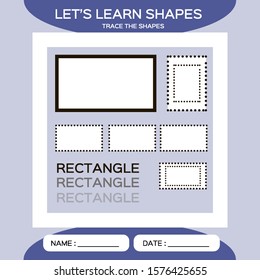 Learn Shapes. Rectangle. Handwriting practice. Trace and write. Educational children game. Kids activity printable sheet. Purple Background.