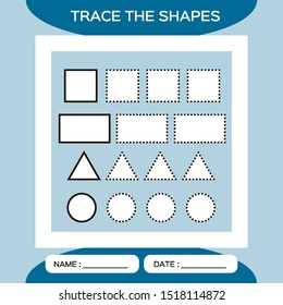 Learn Shapes. Square,Rectangle, Triangle, Circle. Handwriting practice. Trace and write. Educational children game. Kids activity printable sheet. Blue Background.
