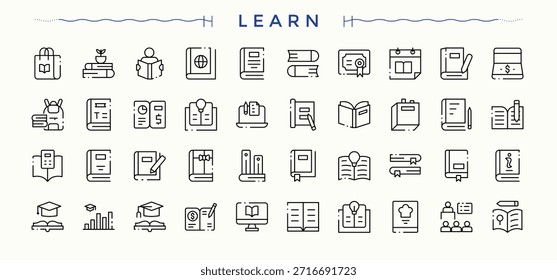 Aprenda un conjunto de iconos simple. Colecciones de Vector minimalistas. colecciones de Vector. Conjunto de iconos de estudio. Pictogramas de curso, graduación, clase, estudio, escuela, estudiante y más.
