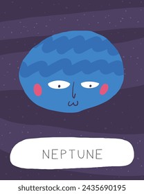Learn space flashcard. Learning English words for kids. Cute hand drawn doodle educational card with neptune planet character. Preschool cosmos, universe learning material