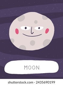 Learn space flashcard. Learning English words for kids. Cute hand drawn doodle educational card with moon planet character. Preschool cosmos, universe learning material