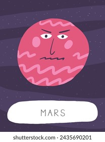Learn space flashcard. Learning English words for kids. Cute hand drawn doodle educational card with mars planet character. Preschool cosmos, universe learning material