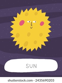 Learn space flashcard. Learning English words for kids. Cute hand drawn doodle educational card with sun star character. Preschool cosmos, universe learning material