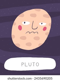 Aprender la tarjeta flash del espacio. Aprender palabras en inglés para niños. Tarjeta educativa de garabato dibujado a mano lindo con carácter de planeta plutón. Cosmos preescolar, material de aprendizaje universal