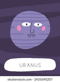 Learn space flashcard. Learning English words for kids. Cute hand drawn doodle educational card with uranus planet character. Preschool cosmos, universe learning material
