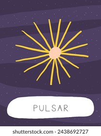 Lerne die Space-Karteikarte. Englische Wörter für Kinder lernen. Nette handgezeichnete Doodle Bildungskarte mit Pulsar-Stern. Vorschul-Kosmos, Universum-Lernmaterial