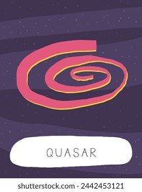 Lerne die Space-Karteikarte. Englische Wörter für Kinder lernen. Nette handgezeichnete Doodle Bildungskarte mit Quasar-Stern. Vorschul-Kosmos, Universum-Lernmaterial