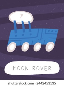 Learn space flashcard. Learning English words for kids. Cute hand drawn doodle educational card with moon rover. Preschool cosmos, universe learning material