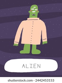 Learn space flashcard. Learning English words for kids. Cute hand drawn doodle educational card with alien. Preschool cosmos, universe learning material