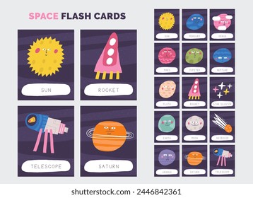 Learn space flashcard set. Learning English words for kids. Cute hand drawn doodle educational cards with planets, comet, rocket, characters, telescope. Preschool cosmos, universe learning material