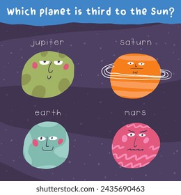 Learn space game for kids. Cute hand drawn doodle funny cosmos, universe, astronomy puzzle with solar system planets, Jupiter, Saturn, Mars, Earth. Educational worksheet, riddle, quiz for children