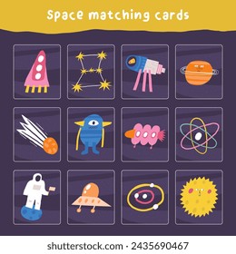 Learn space game for kids. Cute hand drawn doodle funny cosmos, universe, astronomy puzzle with rocket, telescope, planet, alien, cosmonaut. Educational worksheet, mind task, riddle for children