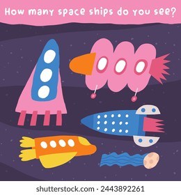 Learn space game for kids. Cute hand drawn doodle funny cosmos, universe, astronomy puzzle with spaceship, spacecraft, missile, shuttle. Educational worksheet, mind task, riddle, strategy quiz, mental