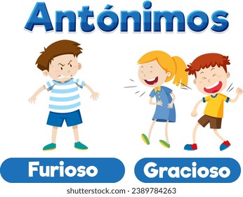 Learn Spanish antonyms through a fun cartoon illustration furious and funny