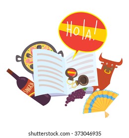 Learn Spanish illustration for language school. Open book with bubble "hola" (hello in Spanish). Good for language philological journals and magazines. With traditional Spanish symbols.