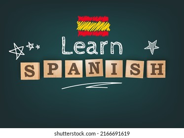 Learn Spanish. Language Courses Template Background. Chalkboard Desk With Wooden Letters Blocks. Vector Editable Illustration