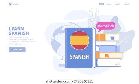 Aprende español en línea, cursos de idiomas extranjeros, autoeducación. Concepto de diseño para la página de destino. Ilustración vectorial plana con caracteres diminutos para Sitio web, impresión, Anuncio.