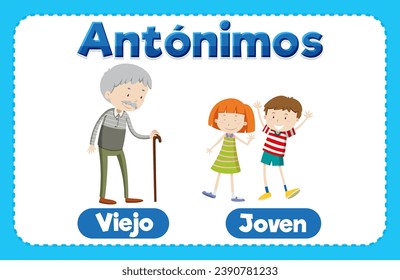 Aprender el vocabulario español con una caricatura ilustrativa de los viejos y los jóvenes