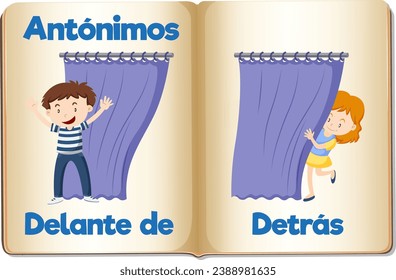 Learn the Spanish words for 'in front of' and 'behind' through an educational cartoon