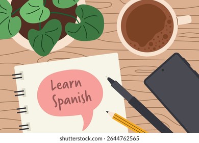 learn spanish written on a spiral notebook; perfect for language learning materials, classroom posters, or educational social media content- vector illustration