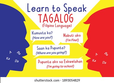 Learn To Speak Tagalog Or Filipino Language. Two Heads Talking With Speech Bubbles. Editable Clip Art.