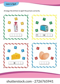 Aprende a deletrear. Deletrea la palabra. Hoja de trabajo para preescolar. Aprende a leer y escribir. Mejore las habilidades de ortografía del pan, huevos, queso y tostadora con esta hoja de trabajo.