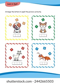 Learn to Spell worksheet. Children can strengthen their language abilities by arranging letters to correctly spell out corresponding images. Spelling worksheets.