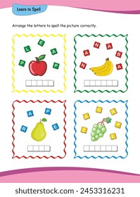 Learn to spell worksheet Designed for young children in nursery and kindergarten, this worksheet will aid in spelling practice for words such as 'tomato,' 'banana,' 'pear,' and 'grapes.'