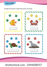 Learn to spell. Worksheet. Nursery and kindergarten students will strengthen their spelling skills for words including 'fish,' 'crab,' 'turtle,' and 'seal' using this worksheet