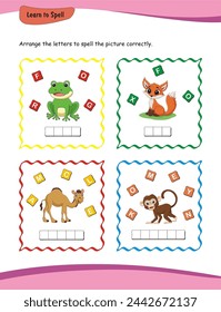 Learn to spell. Worksheet for preschool education. Learn to read and write. Kids in nursery or kindergarten will improve their spelling skills of frog, fox, camel and monkey with this worksheet.