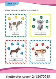 Learn to spell. Worksheet for preschool education. Learn to read and write. word formation, word matching, vocabulary building, literacy development, phonics awareness, early reading and writing skill