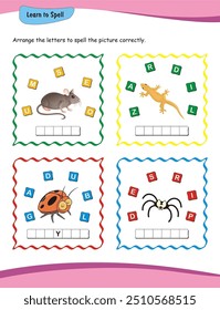 Learn to spell. Worksheet for preschool education. Learn to read and write. word formation, word matching, vocabulary building, literacy development, phonics awareness, early reading and writing skill