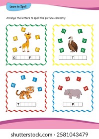 Learn to spell. Worksheet for preschool education. Learn to read and write. Kids in nursery or kindergarten will improve their spelling skills of lips, eye, ear and nose with this worksheet.