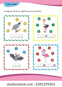 Learn to spell. Worksheet for preschool education. Learn to read and write. Kids in nursery or kindergarten will improve their spelling skills of lips, eye, ear and nose with this worksheet.