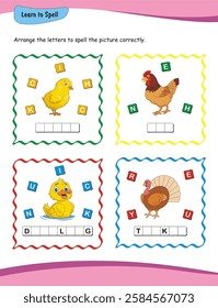 Learn to spell. Worksheet for preschool education. Learn to read and write. word formation, word matching, vocabulary building, literacy development, phonics awareness, early reading and writing skill