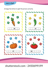 Learn to spell worksheet for preschoolers. This worksheet is designed to help young learners in nursery and kindergarten improve their spelling of words such as carrot, pepper, pumpkin and tomato.