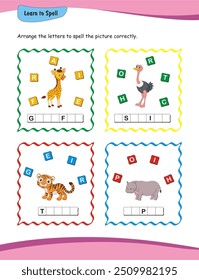 Learn to spell worksheet. Young learners in nursery and kindergarten can use this worksheet to improve their spelling of key words like 'mouse,' 'lizard,' 'ladybug,' and 'hippo.'