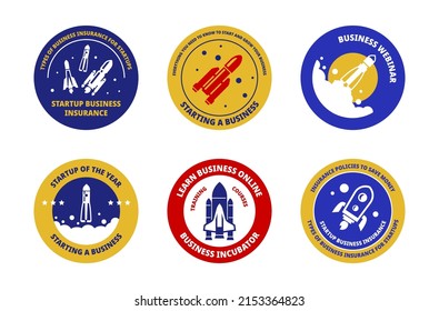 Learn startup online business project round sticker collection promo with place for text vector illustration. Set circle labels successful launching rocket spaceship innovation idea marketing strategy