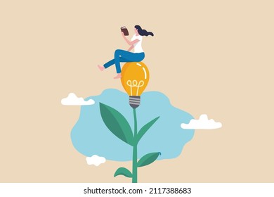 Learn or study more knowledge to grow and success, growth mindset or lifelong learning, education to develop new skills concept, joyful woman reading book on lightbulb flower growing plant.