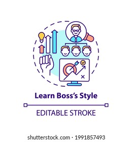 Learn style of boss concept icon. Newbie adaptation tips. Improve work of company idea thin line illustration. Leadership and management. Vector isolated outline RGB color drawing. Editable stroke