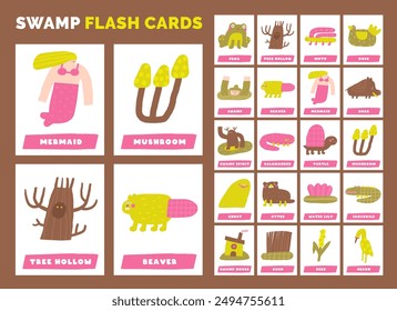 Learn swamp forest flashcard set. Learning English words for kids. Cute hand drawn doodle educational cards with mermaid, toad, tree, monster, duck. Preschool morass, backwater learning material