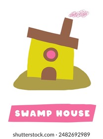 Learn swamp nature flashcard. Learning English words for kids. Cute hand drawn doodle educational card with house. Preschool bog, morass, backwater nature learning material