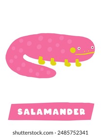 Lerne Sumpf Natur Karteikarte. Englische Wörter für Kinder lernen. Nette handgezeichnete Doodle Bildungskarte mit Salamander Tier. Vorschulmoor, Morast, Backwater Natur Lernmaterial