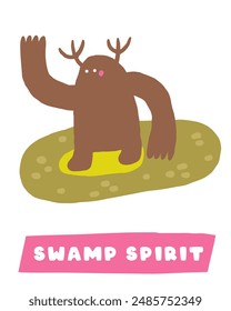 Learn swamp nature flashcard. Learning English words for kids. Cute hand drawn doodle educational card with nature spirit, beast, creature. Preschool bog, morass, backwater nature learning material