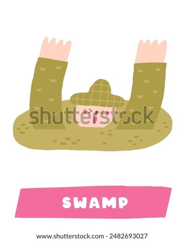 Learn swamp nature flashcard. Learning English words for kids. Cute hand drawn doodle educational card with man drowning in quagmire. Preschool bog, morass, backwater nature learning material
