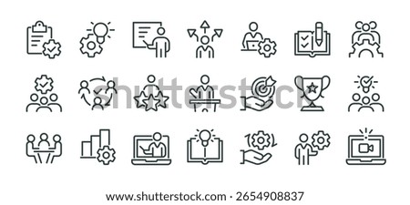 Learn team practice business education, online learning icons pack. Such line signs as coaching meeting learn team management and motivation. Vector icons set for web and app outline editable stroke.
