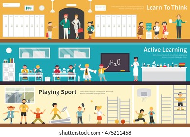 Learn To Think Active Learning Playing Sport flat school interior outdoor concept web